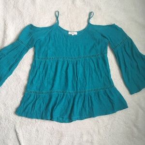 Blue Umgee Cold Shoulder Flowy Blouse